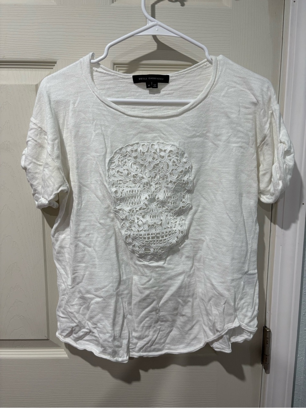 Skull Cashmere Women's White Short Sleeve Tee with Skull Applique